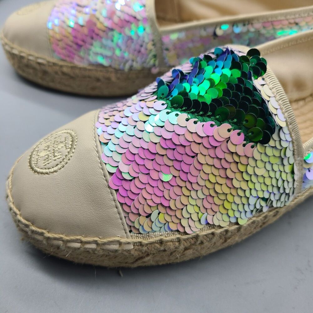 Tory Burch women flats sz 10 sequin espadrilles  ivory green logo new - Picture 10 of 13